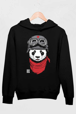 Bandanalı Panda Siyah Kapüşonlu Kalın Erkek Sweatshirt - Thumbnail