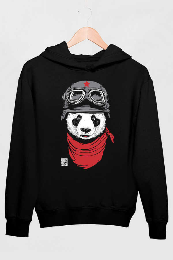 Bandanalı Panda Siyah Kapüşonlu Kalın Erkek Sweatshirt