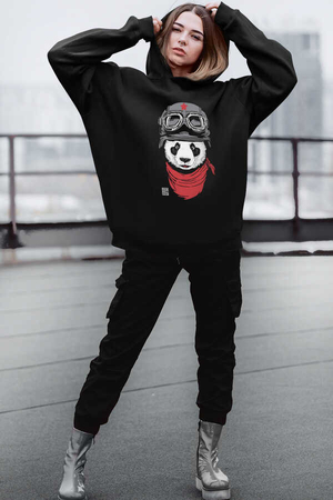  - Bandanalı Panda Siyah Kapüşonlu Kalın Oversize Kadın Sweatshirt