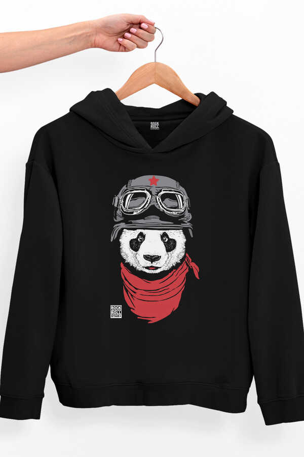 Bandanalı Panda Siyah Kapüşonlu Kalın Oversize Kadın Sweatshirt