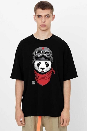 Bandanalı Panda Siyah Oversize Kısa Kollu Erkek T-shirt - Thumbnail