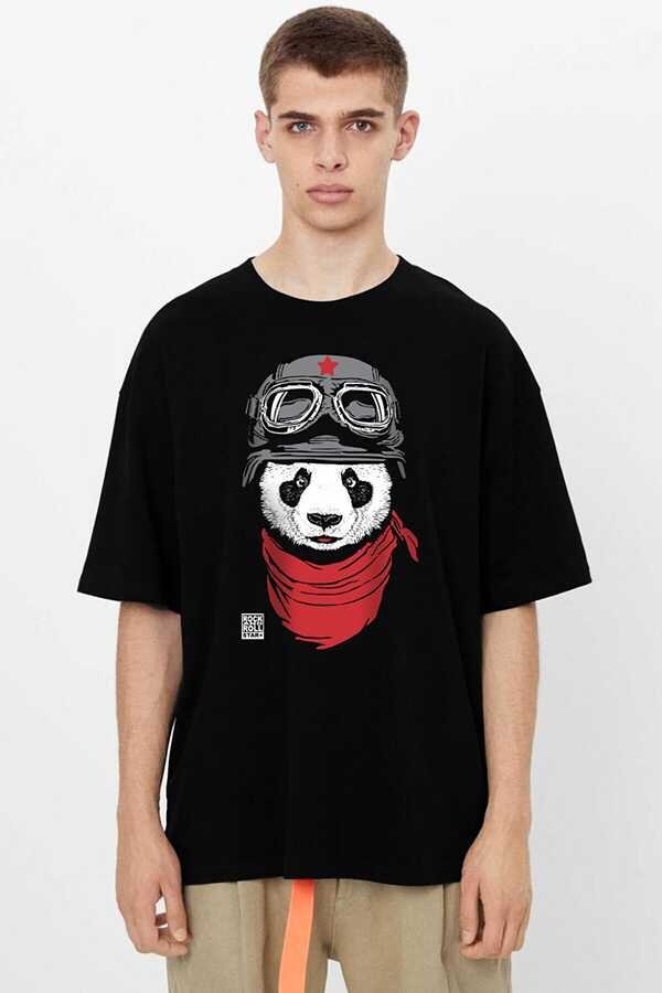 Bandanalı Panda Siyah Oversize Kısa Kollu Erkek T-shirt