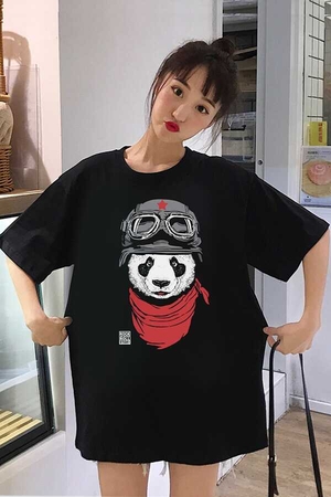 Bandanalı Panda Siyah Oversize Kısa Kollu Kadın T-shirt - Thumbnail