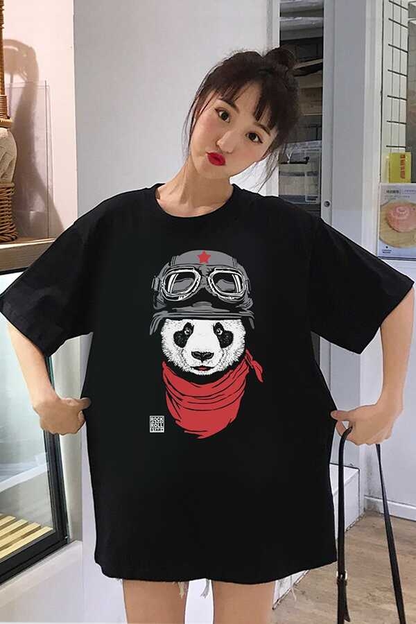 Bandanalı Panda Siyah Oversize Kısa Kollu Kadın T-shirt