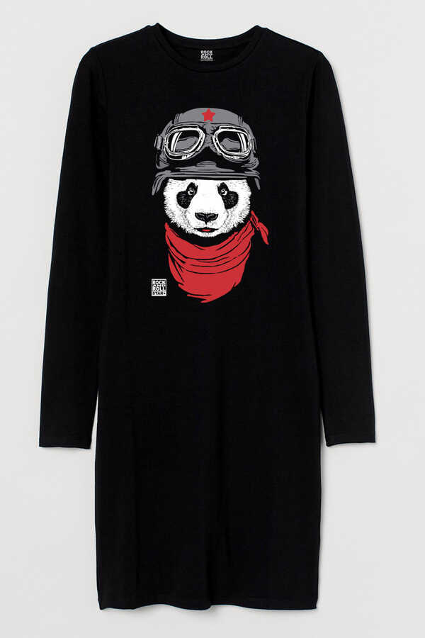 Bandanalı Panda Uzun Kollu Kadın | Bayan Siyah Penye Siyah T-shirt Elbise