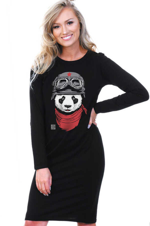 Bandanalı Panda Uzun Kollu Kadın | Bayan Siyah Penye Siyah T-shirt Elbise - Thumbnail