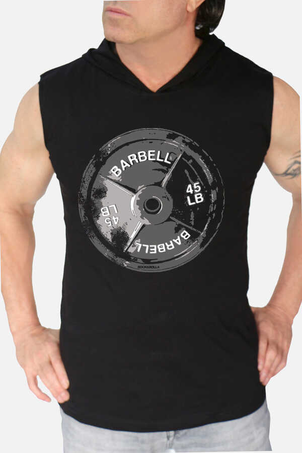 Barbell 45 Siyah Kapşonlu Kesik Kol | Kolsuz Erkek T-shirt
