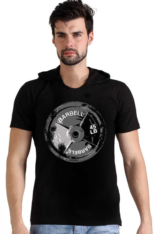 Barbell 45 Siyah Kapşonlu Kısa Kollu Erkek T-shirt