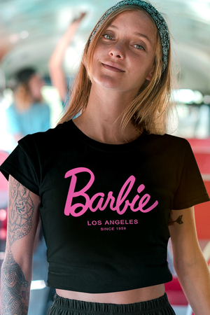 Barbie Siyah Kısa, Kesik Crop Top Kadın T-shirt - Thumbnail