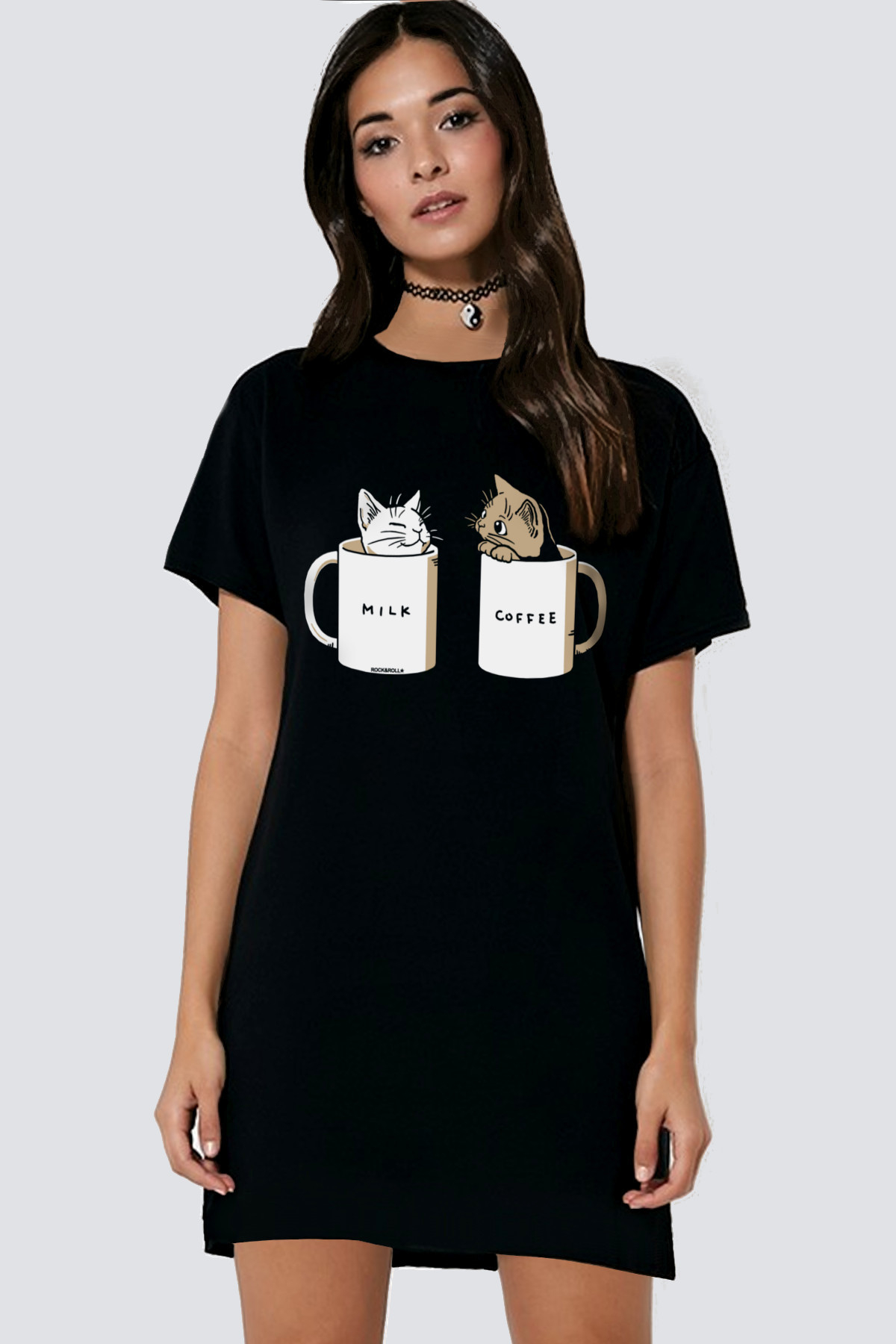 Sütlü Sade Siyah Kısa Kollu Penye Kadın T-shirt Elbise