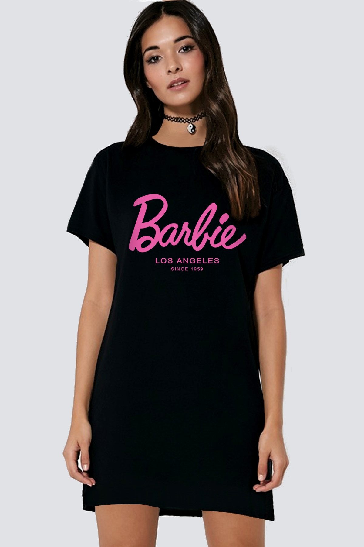 Barbie Siyah Kısa Kollu Penye Kadın T-shirt Elbise_Kopya(1)