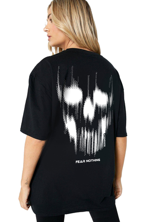 Rock & Roll - Matriks Kurukafa Siyah Kısa Kollu Arka Baskılı Oversize Kadın T-shirt