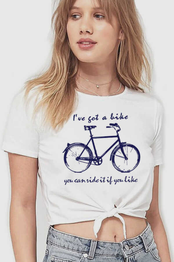 Benim Bisikletim Kesik Crop Top Bağlı Beyaz Kadın | Bayan Tişört