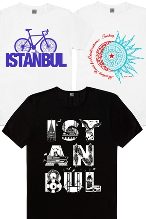  - Istanbul Bisiklet Beyaz, Istanbul Harfler Siyah, Tr Ay Yıldız Beyaz Kadın 3'lü Eko Paket T-shirt