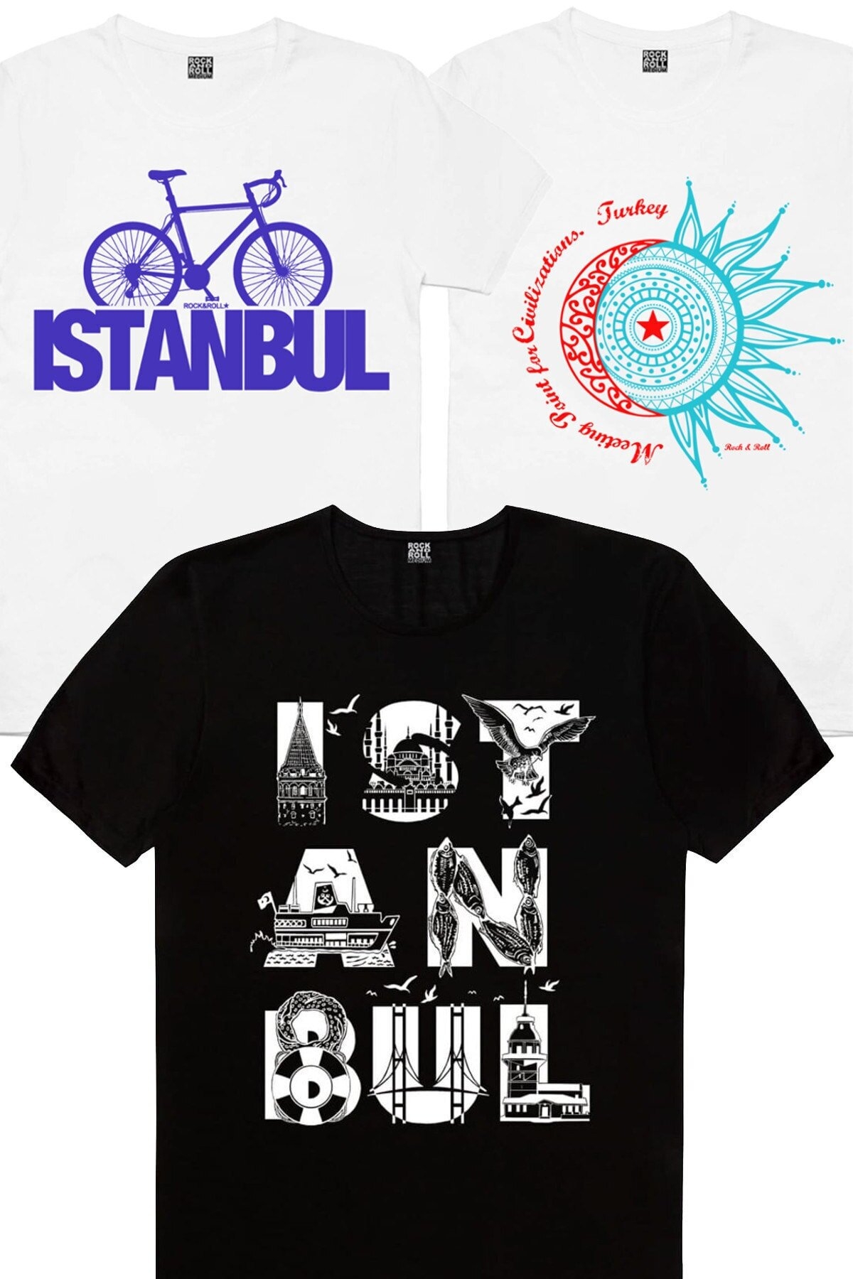Istanbul Bisiklet Beyaz, Istanbul Harfler Siyah, Tr Ay Yıldız Beyaz Kadın 3'lü Eko Paket T-shirt