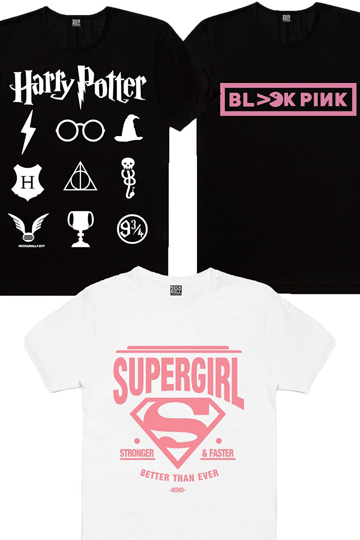 Süperabla Beyaz, Blackpink Pac, Hp Semboller Siyah Kadın 3'lü Eko Paket T-shirt