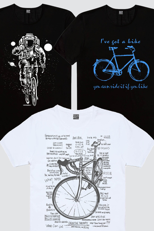 Rock & Roll - Bisikletli Astronot, Benim Bisikletim Siyah, Yarış Bisikleti Yazılar Beyaz Erkek 3'lü Eko Paket T-shirt