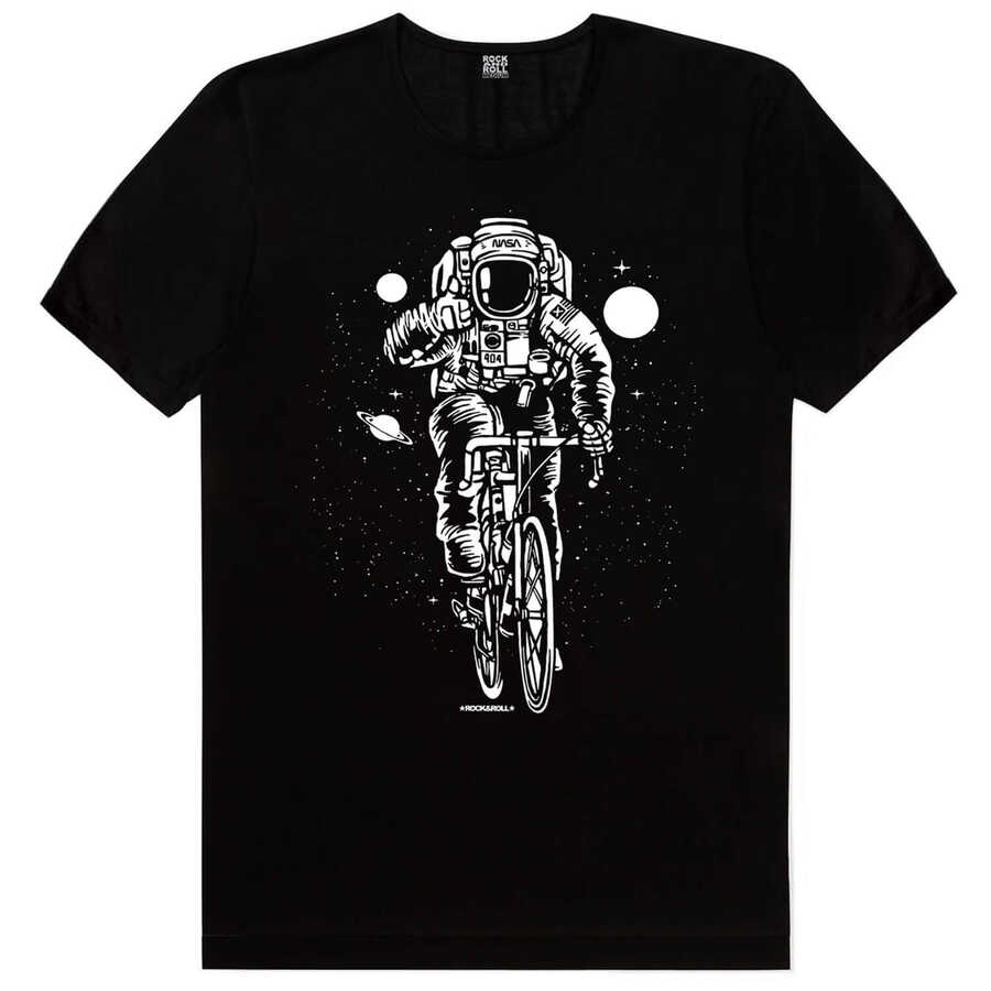 Bisikletli Astronot Kısa Kollu Siyah Tişört