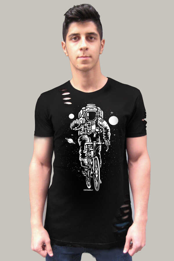 Bisikletli Astronot Kısa Kollu Yırtık Ripped Siyah T-shirt
