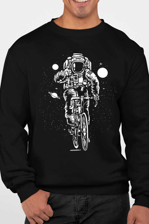 Bisikletli Astronot Siyah Bisiklet Yaka Kalın Erkek Sweatshirt - Thumbnail