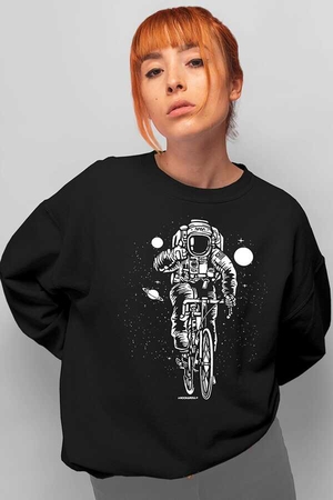 Bisikletli Astronot Siyah Bisiklet Yaka Kalın Kadın Sweatshirt - Thumbnail