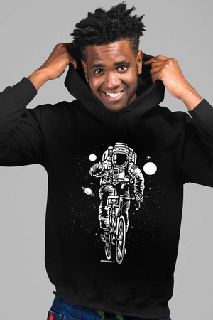 Bisikletli Astronot Siyah Kapşonlu Erkek Sweatshirt - Thumbnail