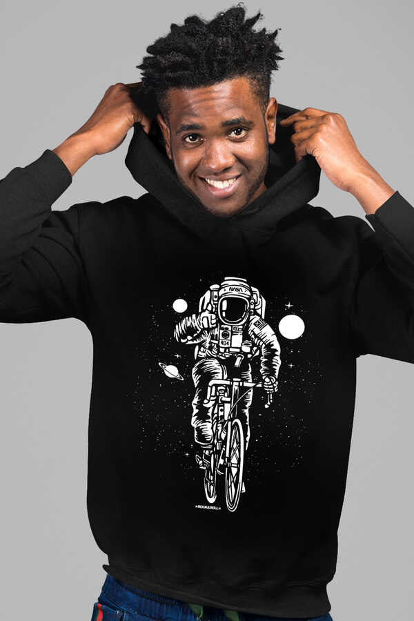 Bisikletli Astronot Siyah Kapşonlu Erkek Sweatshirt