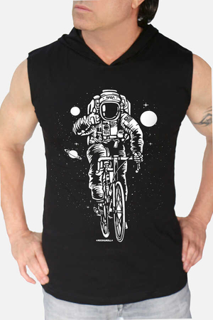 Rock & Roll - Bisikletli Astronot Siyah Kapşonlu Kesik Kol | Kolsuz Erkek T-shirt