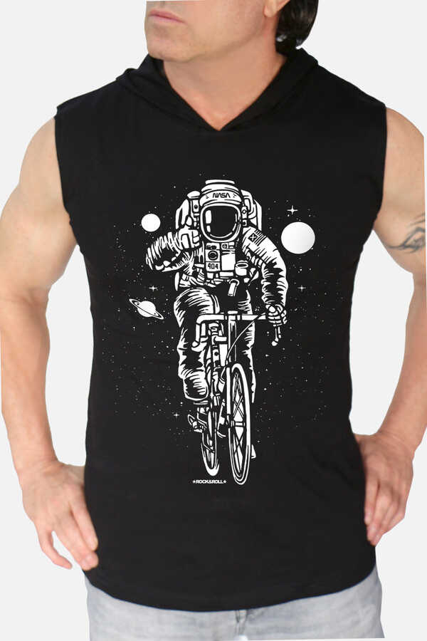 Bisikletli Astronot Siyah Kapşonlu Kesik Kol | Kolsuz Erkek T-shirt