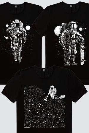Bisikletli Astronot, Süpürgeli Astronot, Kaykaycı Astronot Erkek 3'lü Eko Paket T-shirt - Thumbnail