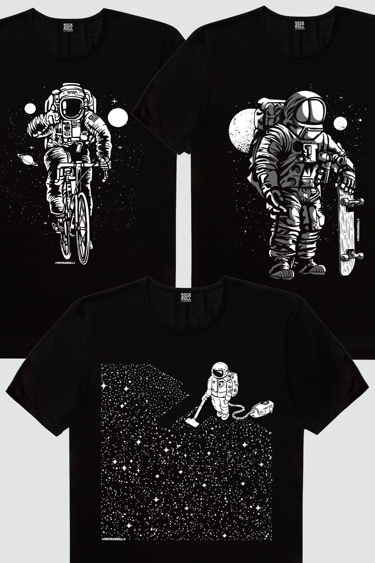 Bisikletli Astronot, Süpürgeli Astronot, Kaykaycı Astronot Erkek 3'lü Eko Paket T-shirt