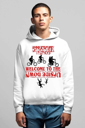 Bisikletli Stranger Things Beyaz Kapşonlu Erkek Sweatshirt - Thumbnail