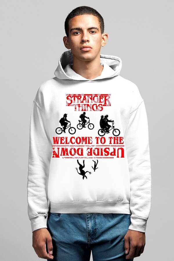 Bisikletli Stranger Things Beyaz Kapşonlu Erkek Sweatshirt