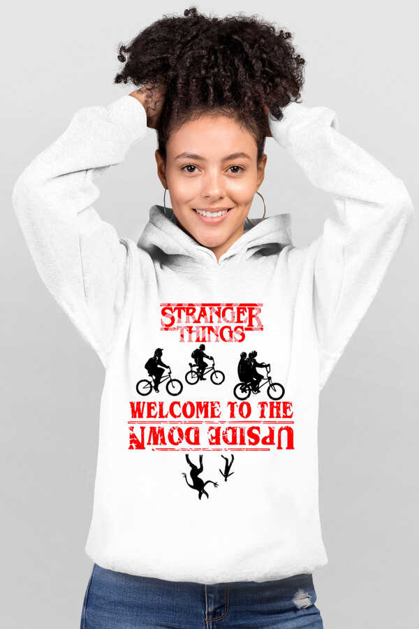 Bisikletli Stranger Things Beyaz Kapşonlu Kadın | Bayan Sweatshirt