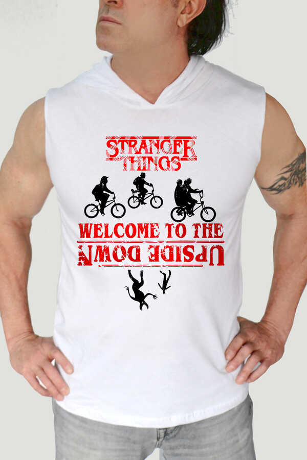 Bisikletli Stranger Things Beyaz Kapşonlu Kesik Kol | Kolsuz Erkek T-shirt