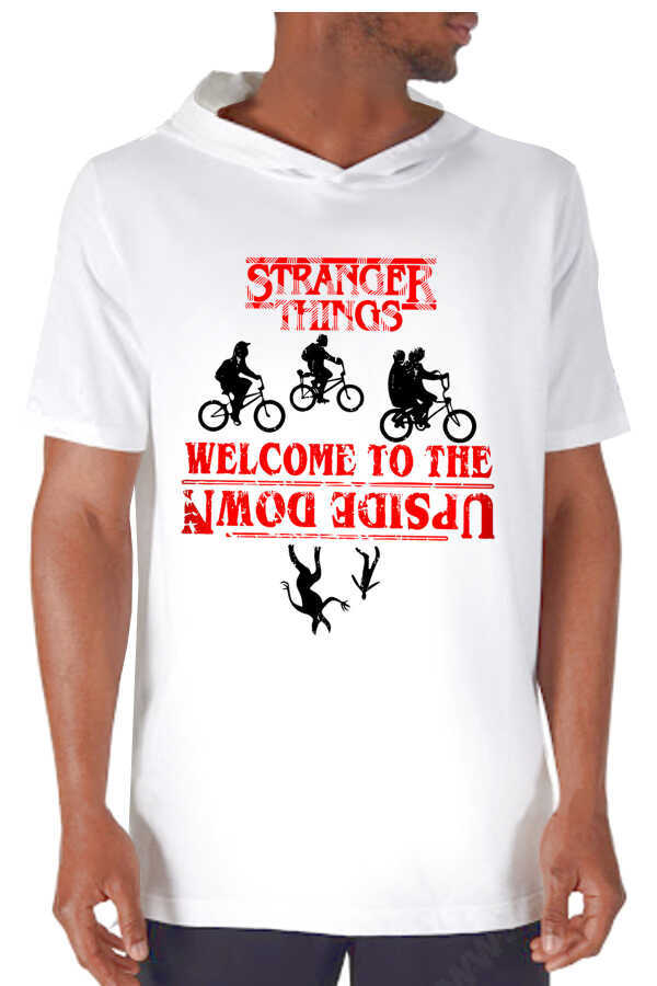 Bisikletli Stranger Things Beyaz Kapşonlu Kısa Kollu Erkek T-shirt