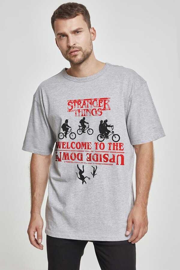 Bisikletli Stranger Things Gri Oversize Kısa Kollu Erkek T-shirt