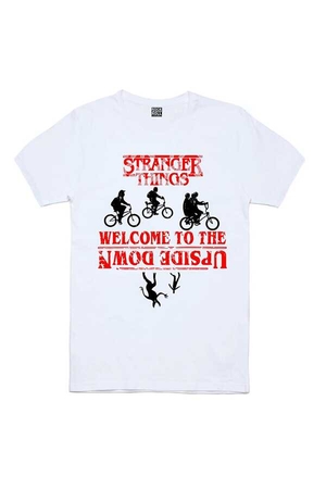 Bisikletli Stranger Things Kısa Kollu Beyaz Erkek T-shirt - Thumbnail