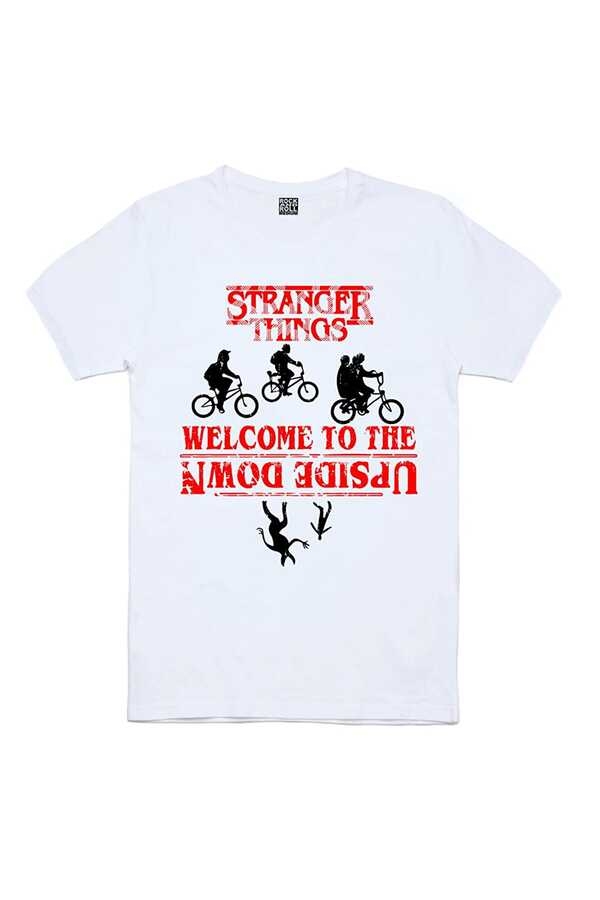Bisikletli Stranger Things Kısa Kollu Beyaz Erkek T-shirt