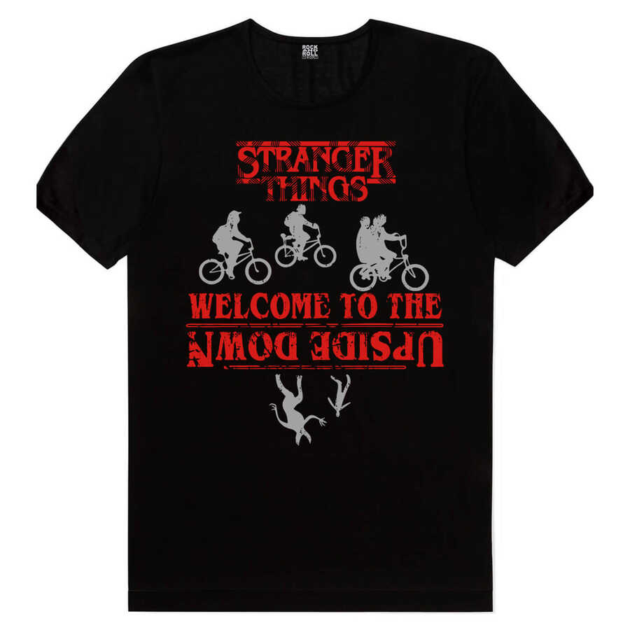 Bisikletli Stranger Things Kısa Kollu Siyah Tişört