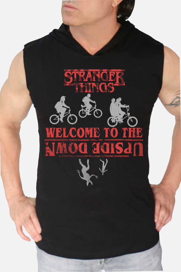 Bisikletli Stranger Things Siyah Kapşonlu Kesik Kol | Kolsuz Erkek T-shirt