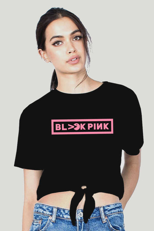  - Blackpink Pac Kesik Crop Top Bağlı Siyah Kadın | Bayan Tişört