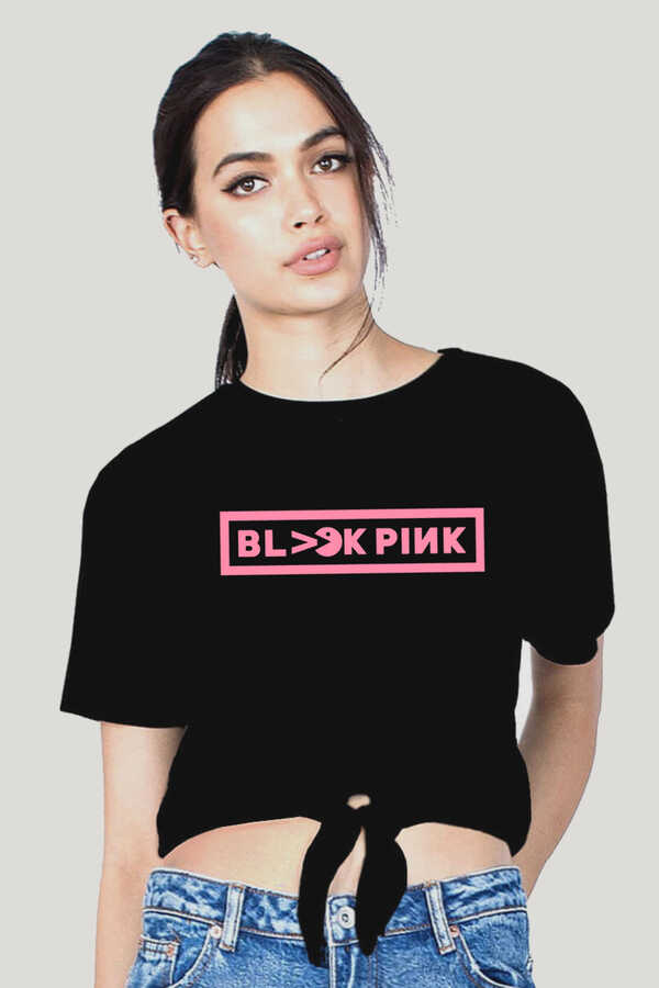 Blackpink Pac Kesik Crop Top Bağlı Siyah Kadın | Bayan Tişört