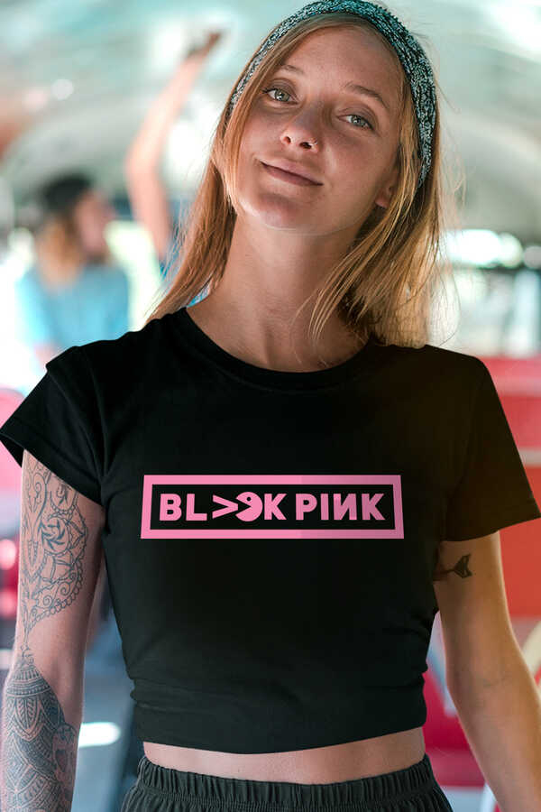 Blackpink Pac Kısa, Kesik Crop Top Siyah Kadın | Bayan Tişört
