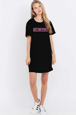 Rock & Roll - Blackpink Pac Kısa Kollu Penye Kadın | Bayan Siyah T-shirt Elbise