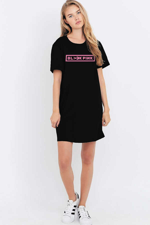 Blackpink Pac Kısa Kollu Penye Kadın | Bayan Siyah T-shirt Elbise