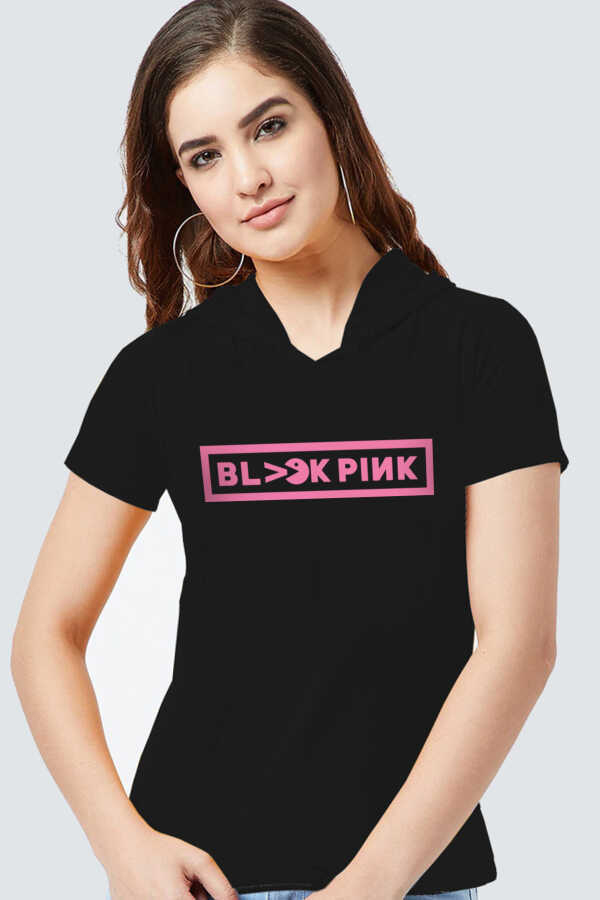 Blackpink Pac Siyah Kapşonlu Kısa Kollu Kadın T-shirt