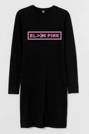 Blackpink Pac Uzun Kollu Kadın | Bayan Siyah Penye T-shirt Elbise - Thumbnail