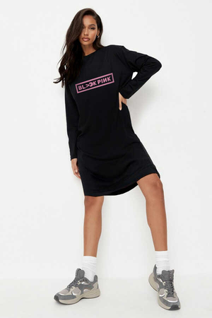 Blackpink Pac Uzun Kollu Kadın | Bayan Siyah Penye T-shirt Elbise - Thumbnail