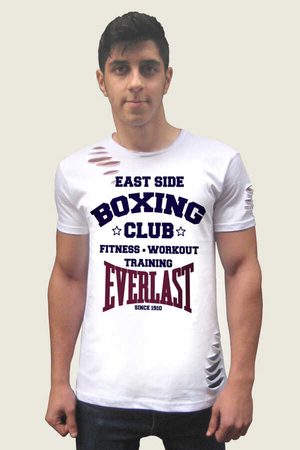 Rock & Roll - Boks Kulübü Kısa Kollu Yırtık Ripped Beyaz T-shirt
